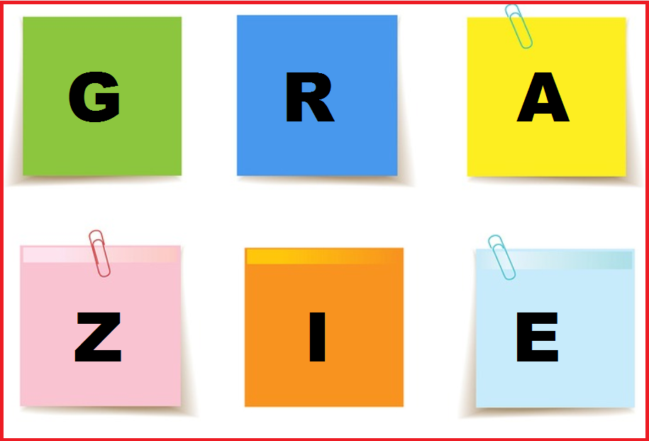 Immagine di bigliettini colorati con all'interno le lettere che formano nell'ordine la parola "grazie"