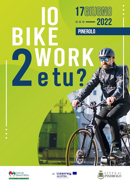 Immagine di un uomo in bici e su sfondo verde acido la scrittta io bike 2 work e tu?