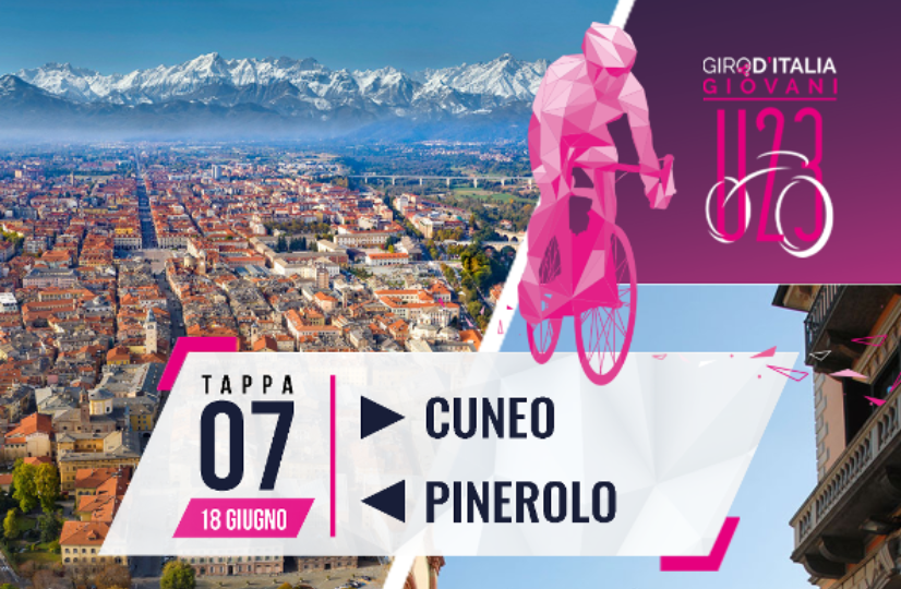 veduta aerea di Pinerolo con montagne sullo sfondo e logo del "Giro d' Italia Under 23" con riferimento alla tappa n. 7 Cuneo-Pinerolo del 18 giugno 2022