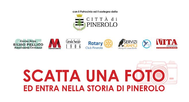 Immagine su sfondo bianco con la scritta in rosso Scatta una foto ed entra nella storia di Pinerolo ed in alto logo del Comune di Pinerolo e loghi degli altr organizzatori dell'iniziativa