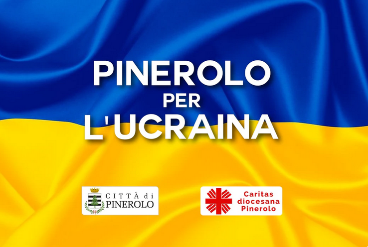 Immagine della bandiera ucraina con la scritta Pinerolo per l'Ucraina ed in basso i loghi del Comune di Pinerolo e della Caritas Diocesana