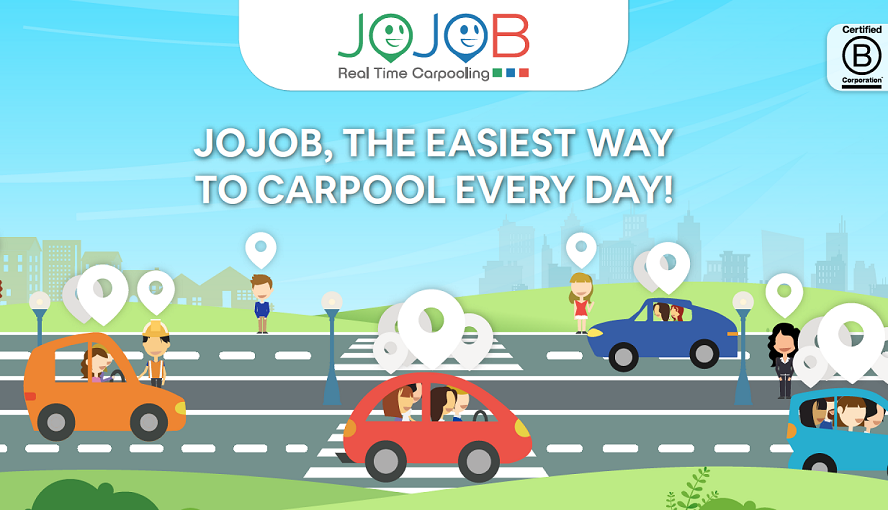 Immagine di promozione del progetto di carpooling JOJOB, con il disegno di alcune macchine colorate su una strada e la scritta JOJOB THE EASIEST WAY TO CARPOOLING EVERY DAY