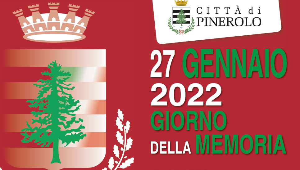Manifesto indicante il Giorno della Memoria 2022 su sfondo rosso con logo della Città di Pinerolo