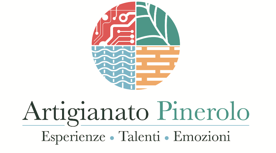 Immagine del logo dell'Artigianato 2022 con la scritta ARTIGIANATO PINEROLO, Esperienze, Talenti, Emozioni