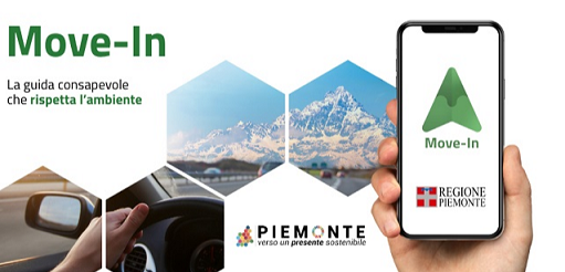 Fotografia del sistema MOVE IN della Regione Piemonte con immagine di una mano sul volante, delle montagne ed un cellulare con all'interno logo di Regione Piemonte