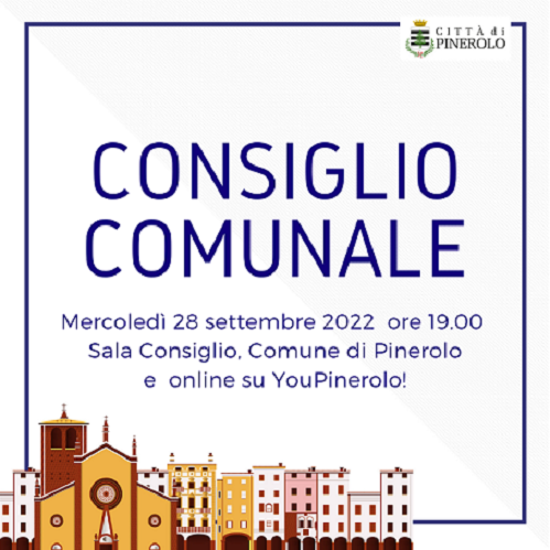 Immagine della Piazza del Duomo di Pinerolo stilizzata, con in alto la scritta Consiglio Comunale.mercoledì 28 settembre  2022