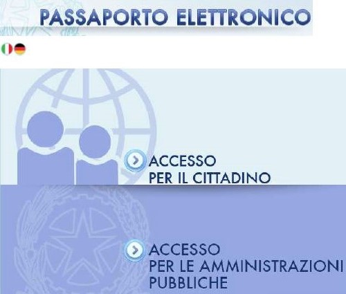 Immagine dell'agenda online per la prenotazione del passaporto, con l'accesso per i cittadini e accesso per pubbliche amministrazioni